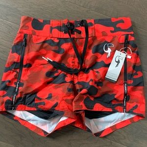 Mens Red Camo Tucann Swim Trunks, Small